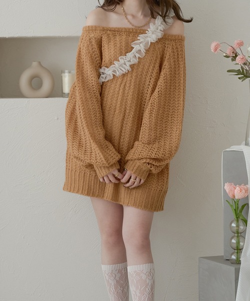 Ambre Neige（アンブルネージュ）の「multi way ribbon mesh knit / マルチウェイリボンメッシュニット（ニット/セーター・レディース・オレンジ/ライトブルー/ベビーピンク/アイボリー・FREE）」の4枚目の写真