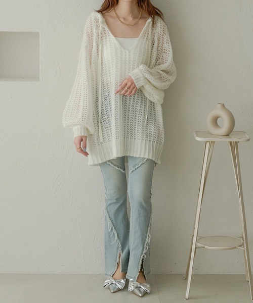 Ambre Neige（アンブルネージュ）の「multi way ribbon mesh knit / マルチウェイリボンメッシュニット（ニット/セーター・レディース・オレンジ/ライトブルー/ベビーピンク/アイボリー・FREE）」の16枚目の写真