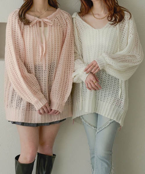Ambre Neige（アンブルネージュ）の「multi way ribbon mesh knit / マルチウェイリボンメッシュニット（ニット/セーター・レディース・オレンジ/ライトブルー/ベビーピンク/アイボリー・FREE）」の10枚目の写真
