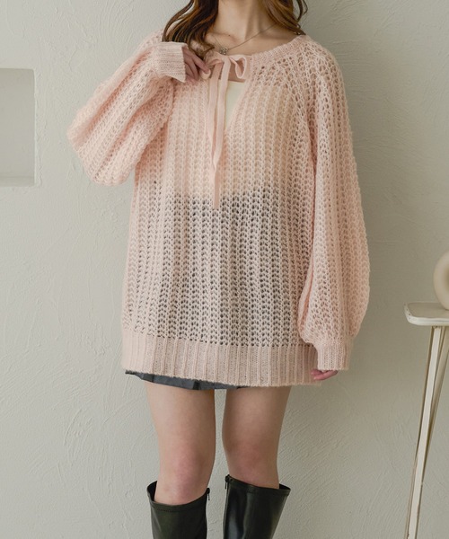 Ambre Neige（アンブルネージュ）の「multi way ribbon mesh knit / マルチウェイリボンメッシュニット（ニット/セーター・レディース・オレンジ/ライトブルー/ベビーピンク/アイボリー・FREE）」の8枚目の写真