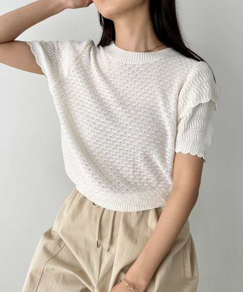 クロシェフリルトップス　アルページュ Arpege story クロシェフリルブラウス クロシェフリルトップス