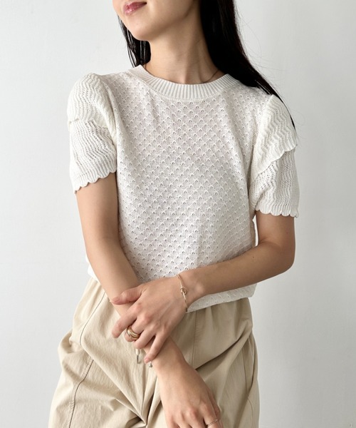セール】フリルティアード袖クロシェ半袖トップス（Tシャツ