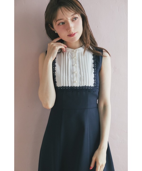 ヨークレース切替バックレースアップ配色ワンピース（ワンピース