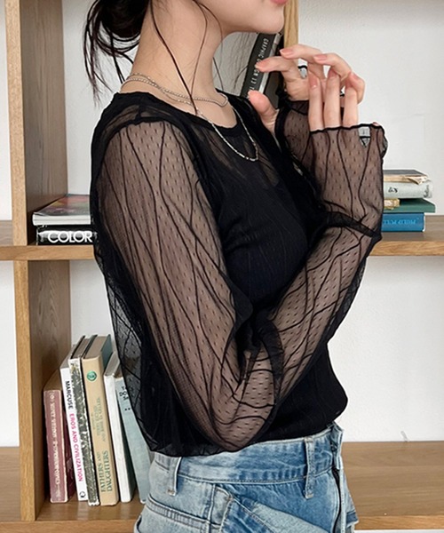 STYLEBLOCK(スタイルブロック)の「柄シアートップス(Tシャツ/カットソー・レディース・アイボリー/ブラック/グレー・FREE)」の10枚目の写真