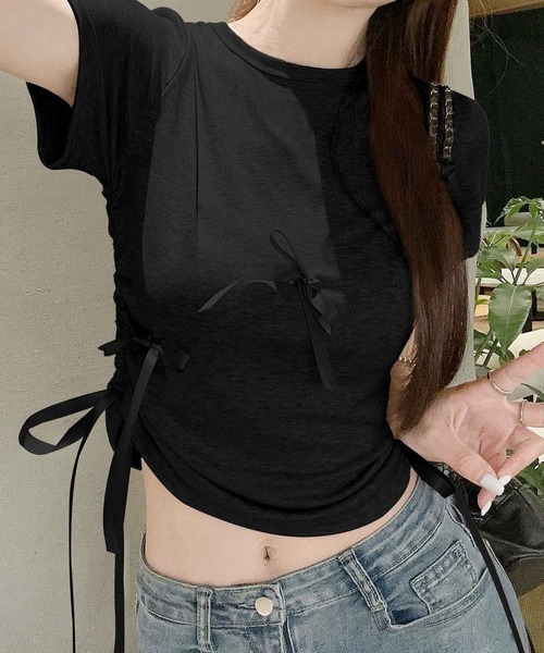 frunco(フランコ)の「【各サイト限定価格】リボンサイドドロストTシャツ(Tシャツ/カットソー・レディース・ブラック/グレー・FREE)」の2枚目の写真