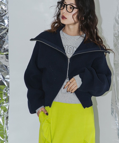 bohmal(ボマール)の「ダブルジップビッグカラーニットカーデ(ニット/セーター・レディース・アイボリー/グレー/ネイビー・FREE)」の1枚目の写真