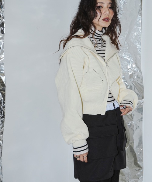 bohmal(ボマール)の「ダブルジップビッグカラーニットカーデ(ニット/セーター・レディース・アイボリー/グレー/ネイビー・FREE)」の2枚目の写真