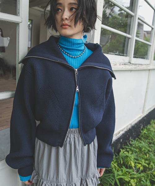 bohmal(ボマール)の「ダブルジップビッグカラーニットカーデ(ニット/セーター・レディース・アイボリー/グレー/ネイビー・FREE)」の14枚目の写真