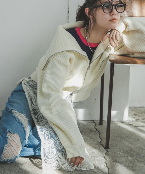 bohmal(ボマール)の「ダブルジップビッグカラーニットカーデ(ニット/セーター・レディース・アイボリー/グレー/ネイビー・FREE)」の12枚目の写真