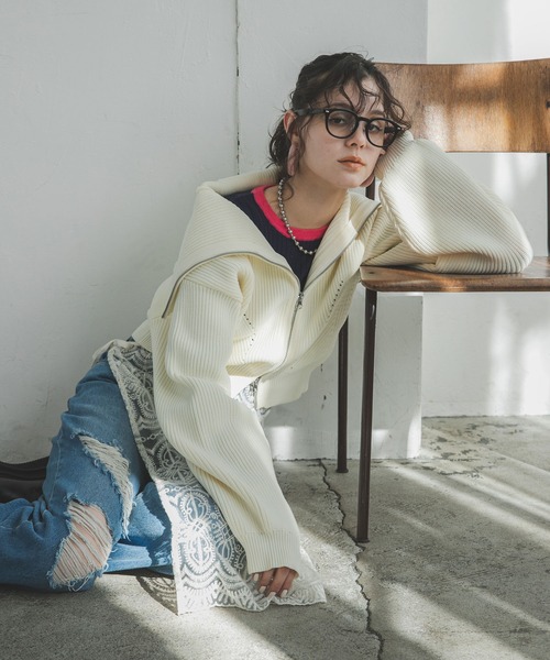 bohmal(ボマール)の「ダブルジップビッグカラーニットカーデ(ニット/セーター・レディース・アイボリー/グレー/ネイビー・FREE)」の13枚目の写真