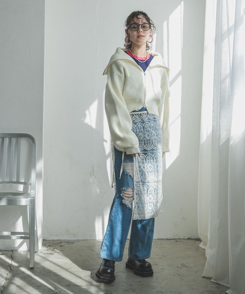 bohmal(ボマール)の「ダブルジップビッグカラーニットカーデ(ニット/セーター・レディース・アイボリー/グレー/ネイビー・FREE)」の9枚目の写真