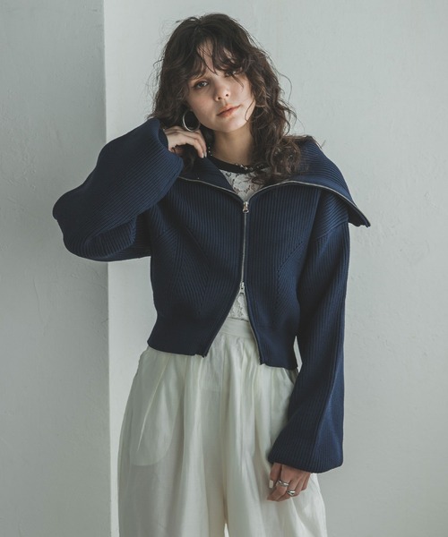 bohmal(ボマール)の「ダブルジップビッグカラーニットカーデ(ニット/セーター・レディース・アイボリー/グレー/ネイビー・FREE)」の7枚目の写真