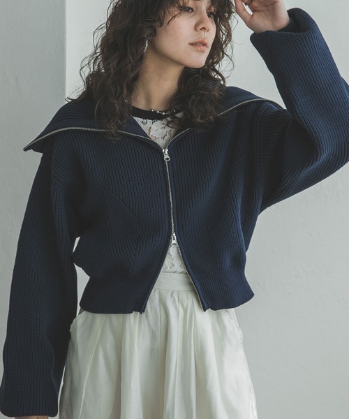 bohmal(ボマール)の「ダブルジップビッグカラーニットカーデ(ニット/セーター・レディース・アイボリー/グレー/ネイビー・FREE)」の8枚目の写真