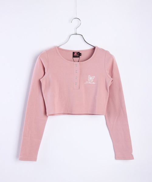 STARTER BLACK LABEL（スターターブラックレーベル）の「STARTER BLACK LABEL 蝶刺繍 ヘンリーネック クロップド丈 テレコリブ ロンＴ（Tシャツ/カットソー・レディース・カーキ/ブラック/チャコール/ホワイト/ピンク・M/L）」の5枚目の写真