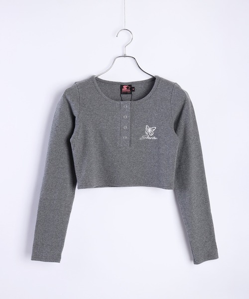 STARTER BLACK LABEL（スターターブラックレーベル）の「STARTER BLACK LABEL 蝶刺繍 ヘンリーネック クロップド丈 テレコリブ ロンＴ（Tシャツ/カットソー・レディース・カーキ/ブラック/チャコール/ホワイト/ピンク・M/L）」の12枚目の写真