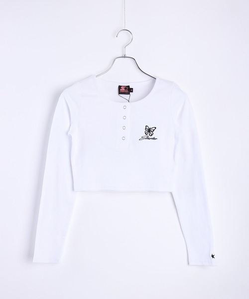STARTER BLACK LABEL（スターターブラックレーベル）の「STARTER BLACK LABEL 蝶刺繍 ヘンリーネック クロップド丈 テレコリブ ロンＴ（Tシャツ/カットソー・レディース・カーキ/ブラック/チャコール/ホワイト/ピンク・M/L）」の10枚目の写真