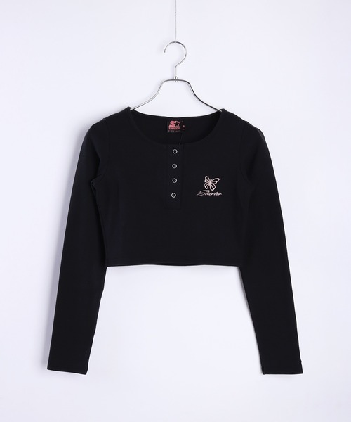 STARTER BLACK LABEL（スターターブラックレーベル）の「STARTER BLACK LABEL 蝶刺繍 ヘンリーネック クロップド丈 テレコリブ ロンＴ（Tシャツ/カットソー・レディース・カーキ/ブラック/チャコール/ホワイト/ピンク・M/L）」の11枚目の写真