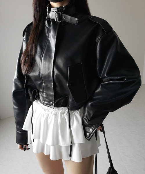 me+em select（ミームセレクト）の「【 ２WAY  】スタンドカラーベルテッドフェイクレザーショートブルゾン ／ stand collar belted fake leather short blouson（ブルゾン・レディース・ブラウン/ブラック・FREE）」の17枚目の写真