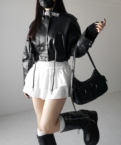 me+em select（ミームセレクト）の「【 ２WAY  】スタンドカラーベルテッドフェイクレザーショートブルゾン ／ stand collar belted fake leather short blouson（ブルゾン・レディース・ブラウン/ブラック・FREE）」の20枚目の写真