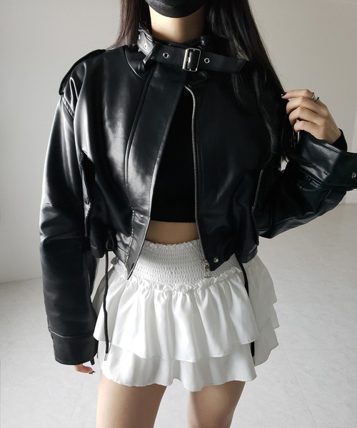 me+em select（ミームセレクト）の「【 ２WAY  】スタンドカラーベルテッドフェイクレザーショートブルゾン ／ stand collar belted fake leather short blouson（ブルゾン・レディース・ブラウン/ブラック・FREE）」の10枚目の写真