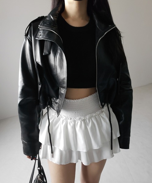 me+em select（ミームセレクト）の「【 ２WAY  】スタンドカラーベルテッドフェイクレザーショートブルゾン ／ stand collar belted fake leather short blouson（ブルゾン・レディース・ブラウン/ブラック・FREE）」の16枚目の写真