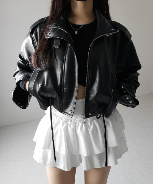 me+em select（ミームセレクト）の「【 ２WAY  】スタンドカラーベルテッドフェイクレザーショートブルゾン ／ stand collar belted fake leather short blouson（ブルゾン・レディース・ブラウン/ブラック・FREE）」の15枚目の写真