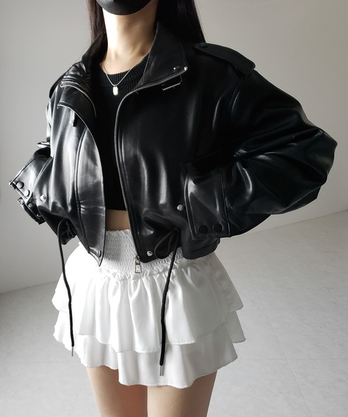 me+em select（ミームセレクト）の「【 ２WAY  】スタンドカラーベルテッドフェイクレザーショートブルゾン ／ stand collar belted fake leather short blouson（ブルゾン・レディース・ブラウン/ブラック・FREE）」の14枚目の写真