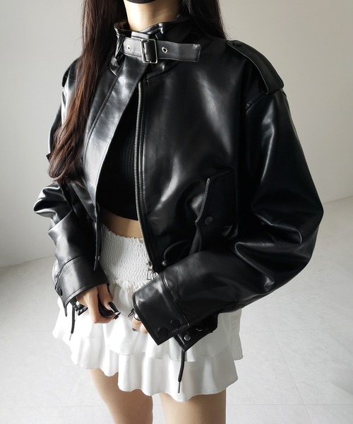 me+em select（ミームセレクト）の「【 ２WAY  】スタンドカラーベルテッドフェイクレザーショートブルゾン ／ stand collar belted fake leather short blouson（ブルゾン・レディース・ブラウン/ブラック・FREE）」の9枚目の写真