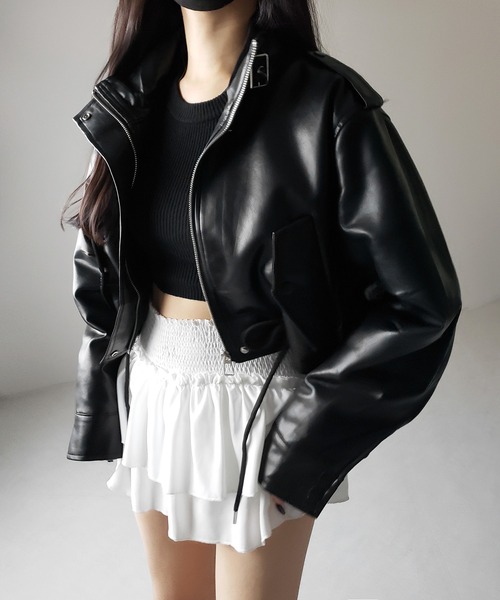 me+em select（ミームセレクト）の「【 ２WAY  】スタンドカラーベルテッドフェイクレザーショートブルゾン ／ stand collar belted fake leather short blouson（ブルゾン・レディース・ブラウン/ブラック・FREE）」の19枚目の写真