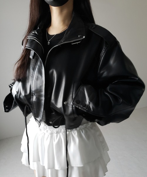 me+em select（ミームセレクト）の「【 ２WAY  】スタンドカラーベルテッドフェイクレザーショートブルゾン ／ stand collar belted fake leather short blouson（ブルゾン・レディース・ブラウン/ブラック・FREE）」の13枚目の写真