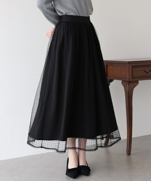 BLUEEAST（ブルーイースト）の「丈が選べるフロッキーチェックチュールスカート（スカート・レディース・ブラック/ベージュ/ネイビー/ブラック系/グレー系・SHORT/LONG）」の3枚目の写真