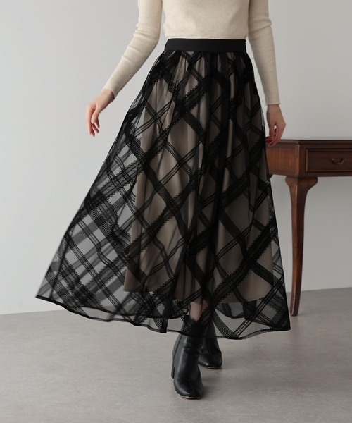BLUEEAST（ブルーイースト）の「丈が選べるフロッキーチェックチュールスカート（スカート・レディース・ブラック/ベージュ/ネイビー/ブラック系/グレー系・SHORT/LONG）」の15枚目の写真