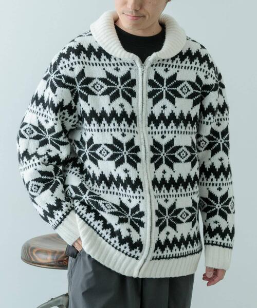 ITEMS URBANRESEARCH（アイテムズ アーバンリサーチ）の「カウチン ジップアップ ニットジャケット（ニット/セーター・メンズ・ブラック/ホワイト・LARGE/MEDIUM）」の4枚目の写真