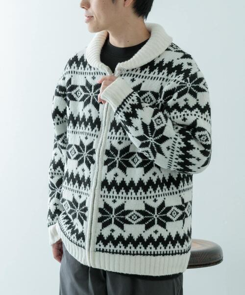 ITEMS URBANRESEARCH（アイテムズ アーバンリサーチ）の「カウチン ジップアップ ニットジャケット（ニット/セーター・メンズ・ブラック/ホワイト・LARGE/MEDIUM）」の5枚目の写真