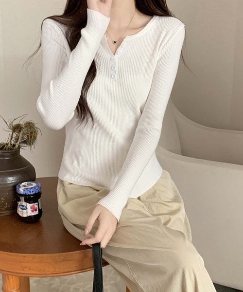 美品✨　エブール　サマーニット　キーネック　シルク　コットン　アイボリー　F セール】キーネックリブニット（ニット/セーター）｜Girly Doll