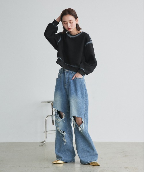 ad thie(アドティエ)の「スプレーデザイン スウェット プルオーバー(Tシャツ/カットソー・レディース・ブラック/ブラウン/ベージュ・FREE)」の6枚目の写真
