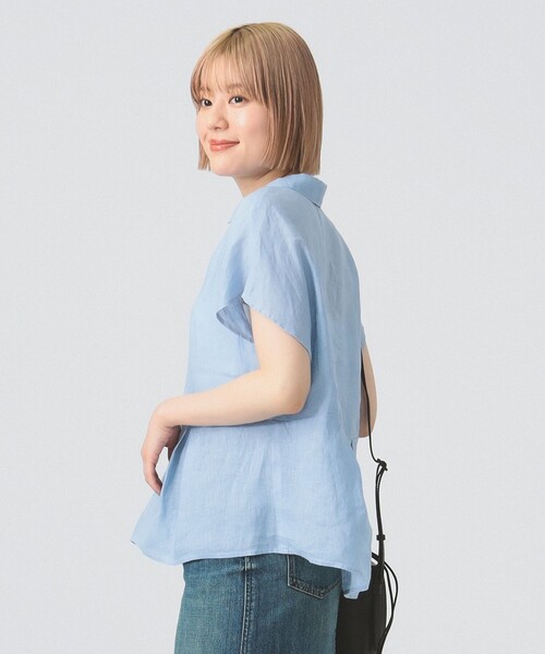 Ray BEAMS フレンチリネン ブラックシャツ セール】リネン フレンチスリーブ スキッパー シャツ（シャツ