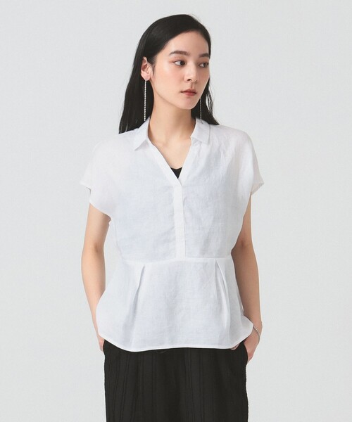 Ray BEAMS フレンチリネン ブラックシャツ セール】リネン フレンチスリーブ スキッパー シャツ（シャツ