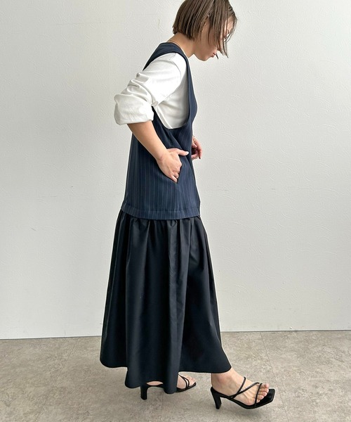 LHELBIE(レルビエ)の「アシメボタンドッキングジャンスカ(ワンピース・レディース・ライトグレー/ネイビー/グレー・M)」の9枚目の写真