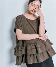 【W:Huku / イージーライトシリーズ】ゆるっと着られて、きれい見え。ハーフスリーブ ティアード フリル トップス