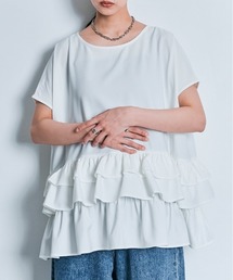 【W:Huku / イージーライトシリーズ】ゆるっと着られて、きれい見え。ハーフスリーブ ティアード フリル トップス　/ 半袖 フレンチスリーブ ハーフスリーブ 袖なし