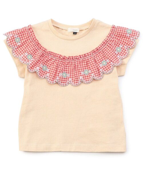 Seraph（セラフ）の「【リンク/ジュニア対応】ガーリーチェックフリル半袖Tシャツ（Tシャツ/カットソー・キッズ・ベージュ/オフホワイト・80/90/100/110/120/130/140）」の2枚目の写真