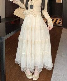 レースフリルロングチュールティアードスカート