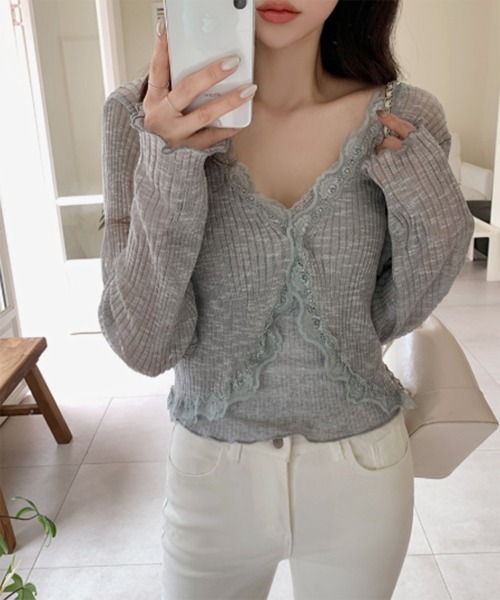 by muni:r（バイ ムニール）の「レースリブカーディガントップス（カーディガン/ボレロ・レディース・ベージュ/グレー/ブルー/アイボリー/ブラック/パープル/オレンジ/ピンク・FREE）」の3枚目の写真