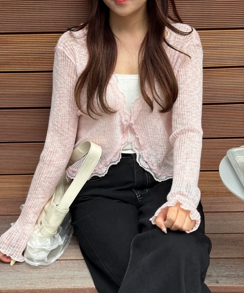 by muni:r（バイ ムニール）の「レースリブカーディガントップス（カーディガン/ボレロ・レディース・ベージュ/グレー/ブルー/アイボリー/ブラック/パープル/オレンジ/ピンク・FREE）」の7枚目の写真