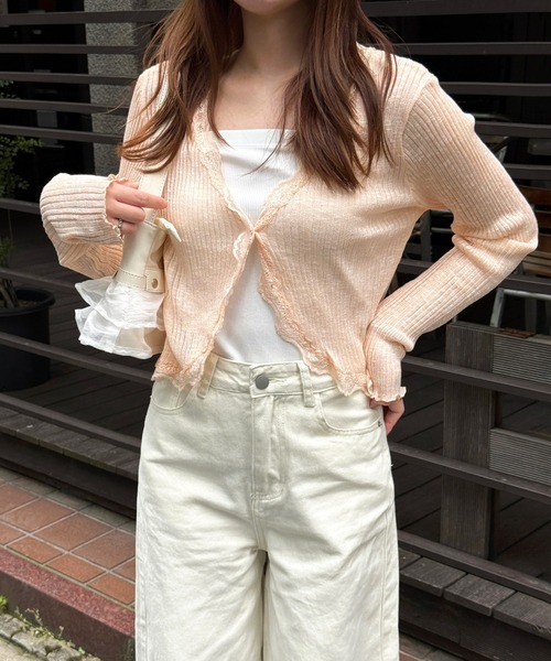 by muni:r（バイ ムニール）の「レースリブカーディガントップス（カーディガン/ボレロ・レディース・ベージュ/グレー/ブルー/アイボリー/ブラック/パープル/オレンジ/ピンク・FREE）」の8枚目の写真