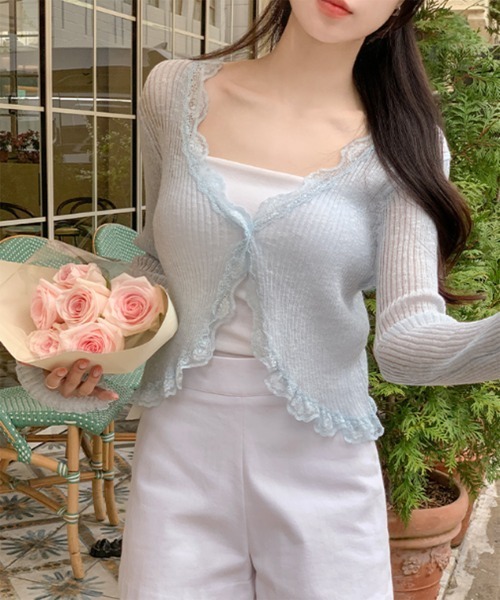 by muni:r（バイ ムニール）の「レースリブカーディガントップス（カーディガン/ボレロ・レディース・ベージュ/グレー/ブルー/アイボリー/ブラック/パープル/オレンジ/ピンク・FREE）」の5枚目の写真