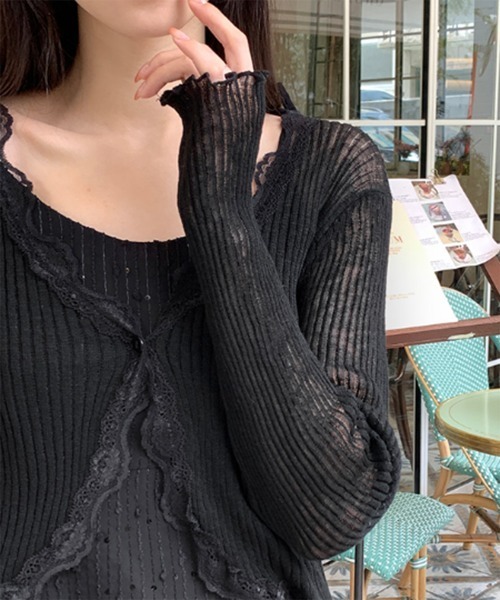 by muni:r（バイ ムニール）の「レースリブカーディガントップス（カーディガン/ボレロ・レディース・ベージュ/グレー/ブルー/アイボリー/ブラック/パープル/オレンジ/ピンク・FREE）」の2枚目の写真