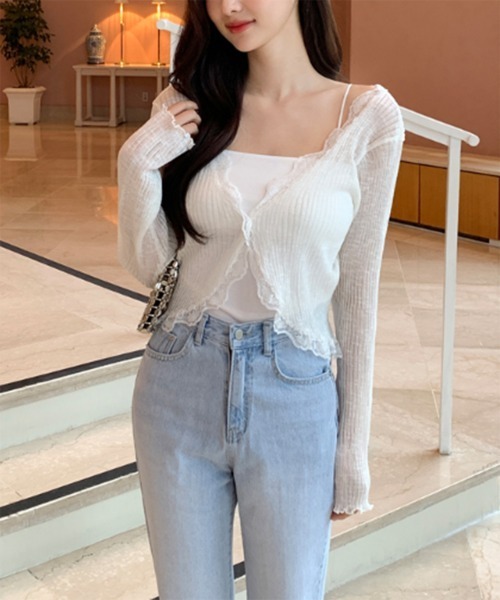 by muni:r（バイ ムニール）の「レースリブカーディガントップス（カーディガン/ボレロ・レディース・ベージュ/グレー/ブルー/アイボリー/ブラック/パープル/オレンジ/ピンク・FREE）」の9枚目の写真