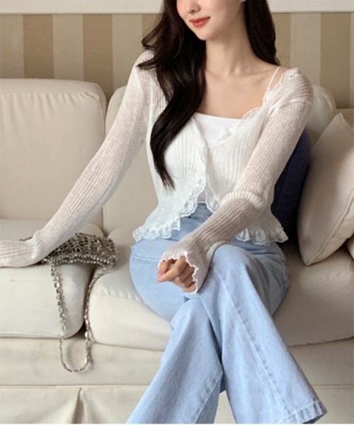 by muni:r（バイ ムニール）の「レースリブカーディガントップス（カーディガン/ボレロ・レディース・ベージュ/グレー/ブルー/アイボリー/ブラック/パープル/オレンジ/ピンク・FREE）」の11枚目の写真